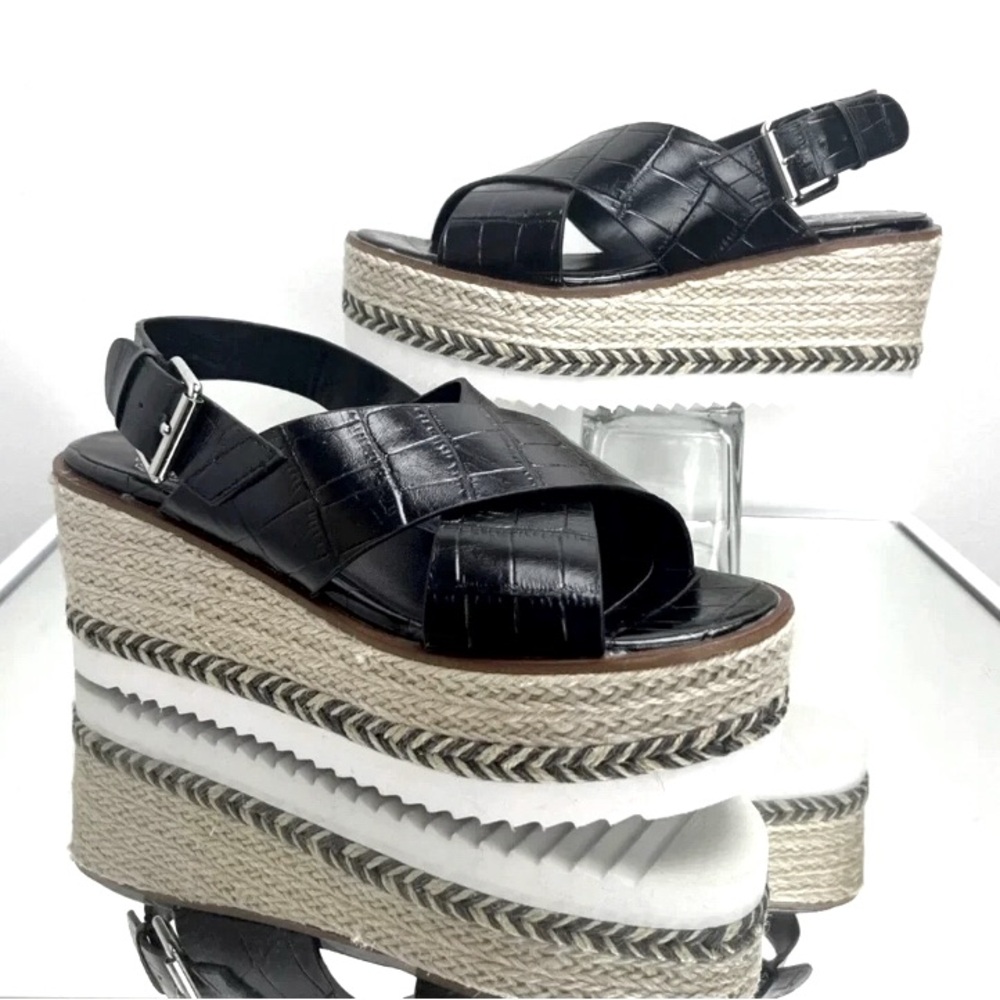 LNVince Camuto Platform Marietten Leather Croc Embossed Espadrille Cross Sandals - Picture 2 of 9